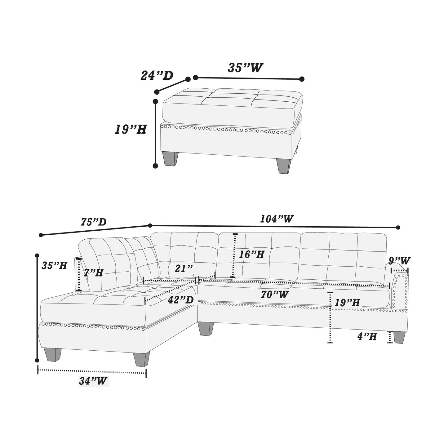 3pc Reversible Sectional Sofa Set W/ Ottoman