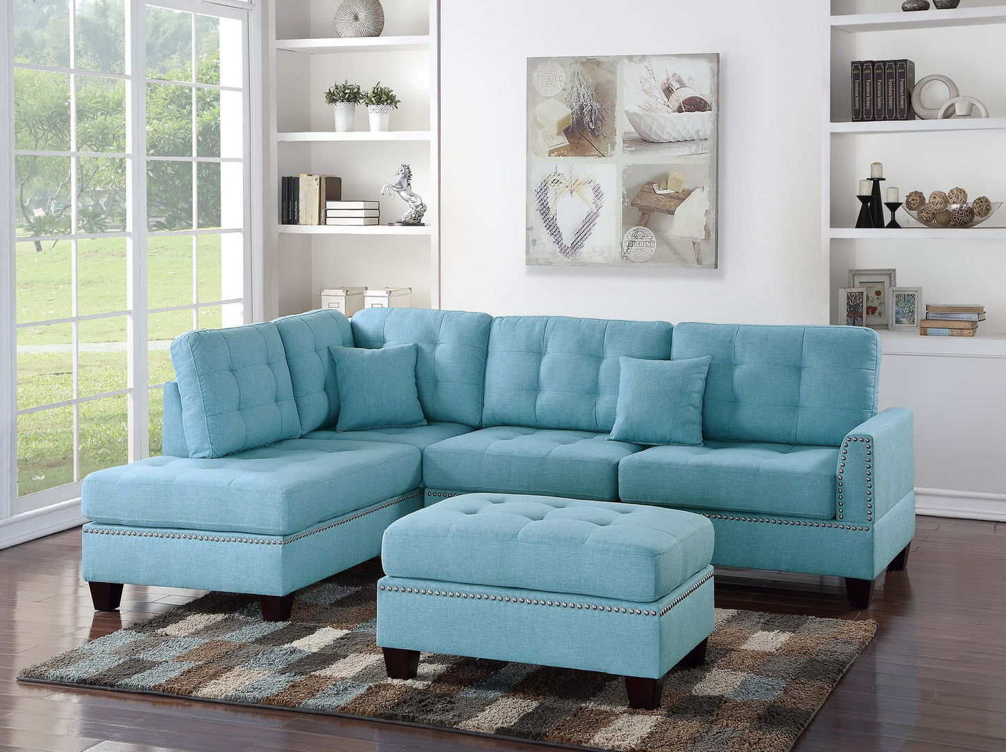 3pc Reversible Sectional Sofa Set W/ Ottoman